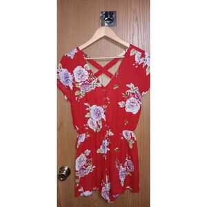 As U Wish Shorts Romper Womens Size Small Red Floral Button Up Cross Back...